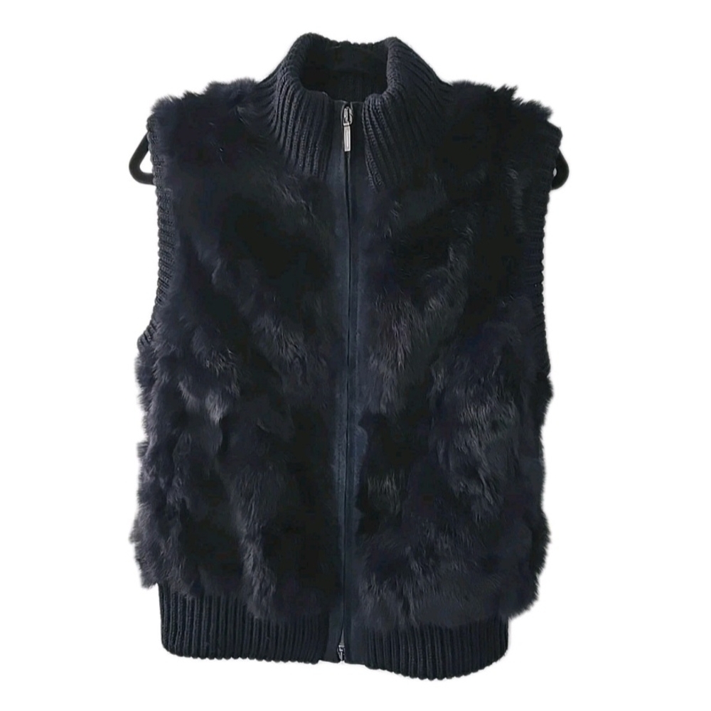 Pologeorgis Vest Womens Medium Black Dyed Real‎ Rabbit Fur Full Zip Soft Winter